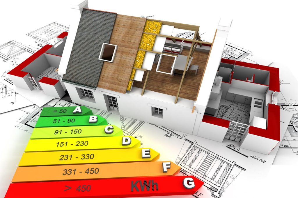 3D rendering of a house in construction, on top of blueprints, with an energy efficiency rating chart